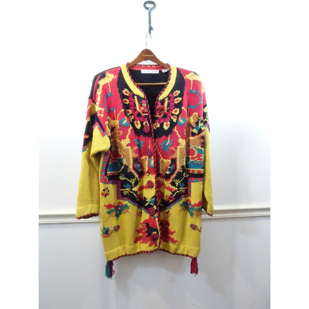 Michael Simon Vintage Intarsia Knit Cardigan Sweater Southwest Tassels One Size